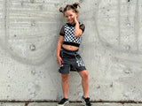 Star Denim Skirt with slits for Girls and Women Adults Pockets Star Design Checks Suspender Straps 90's Style Punk Streetwear