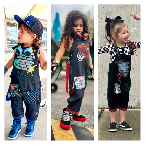 Punk style GRAFFITI overalls for kids ooak custom color options