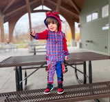Spider Pants Kids Punk Style Pockets Suspender Straps Checkered red and blue boys fashion