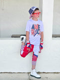 Kids Punk Jogger Shorts Kids Mesh Checkered Stars Red White Blue street style accents striped suspender straps Boys Girls