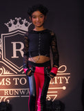 Red and Black Skinny Pants and Punk Crop from Dreams to Reality Runway Metal Chains Grommet Stud trim for girls
