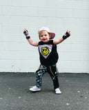 XO Monochrome Checkered Skinny Pants with Punk Straps for Unisex Kids Handmade for Girls and Boys