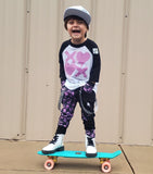 XO Valentines Punk Jogger Pants in Orchid Purple and black  Checkerboard With Straps Unisex Boys Girls Sizes