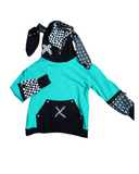Aqua and Black Punk Bunny Hoodie Long Ears Mesh Checkerboard Handmade Top Shirt Kids and Adults Other Colors Available