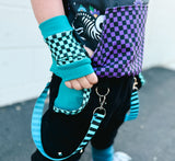 Kids Aqua Blue Checkerboard Fingerless Gloves for kids and Adults
