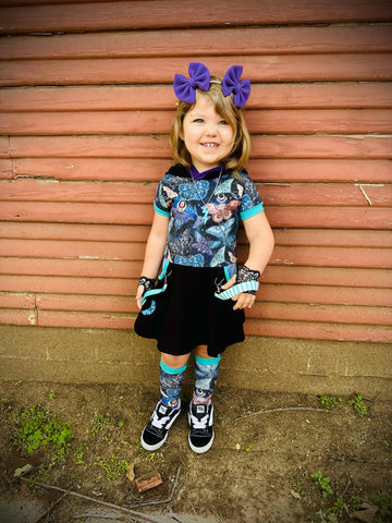 Moon Moth Pocket Dress for Girls with hoodie, punk straps and twirly skirt