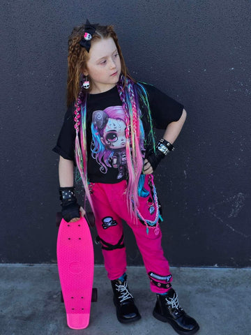 Kids Punk Pink and Turquoise Cotton Joggers with Skull Patch and Grommet trim