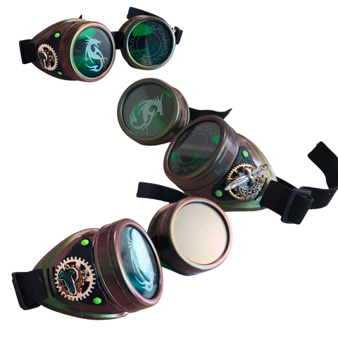 LOTR Steampunk Goggles Eyewear Green Black Dragon Upcycled Charms