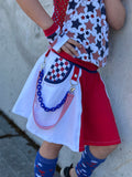 Patriotic Punk Twirly skirt or skirted bummies skort red white blue with Suspender Straps pockets girls and Mom sizes Street style