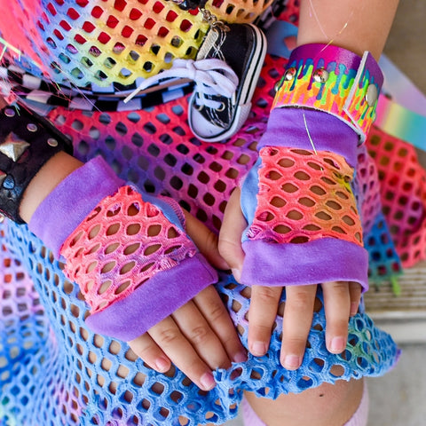 Rainbow  Mesh Fingerless Gloves in Bright Neon Colors Unisex Gender Neutral style gloves