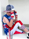 Kids Punk Jogger Shorts Kids Mesh Checkered Stars Red White Blue street style accents striped suspender straps Boys Girls