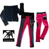 Red and Black Skinny Pants and Punk Crop from Dreams to Reality Runway Metal Chains Grommet Stud trim for girls