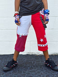 Kids Skater Style Shorts with Punk  Suspender Straps pockets checkerboard red blue white America patriotic