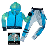 Metallic Punk Hoodie and Harem jogger Pants set in Turquoise Blue Line Mesh Vegan Leather Uma Outfit