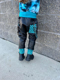 Kids Black Pleather Pants, Blue Checkerboard accents with Punk Straps Unisex Boys and girls