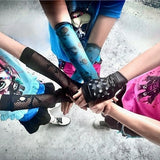 Skull Mesh Arm Warmers Gloves in Blue with black Adults Kids