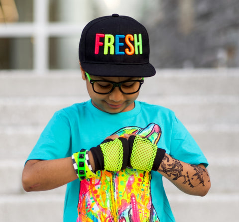 Kid's Mesh Fingerless Gloves in Bright Neon Colors Unisex Gender Neutral style gloves