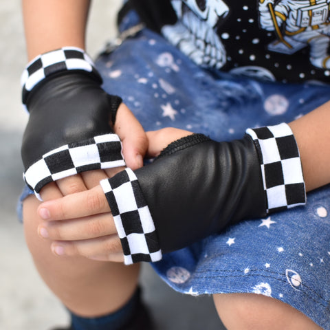 Checks and Black Leather Fingerless Gloves for Kids