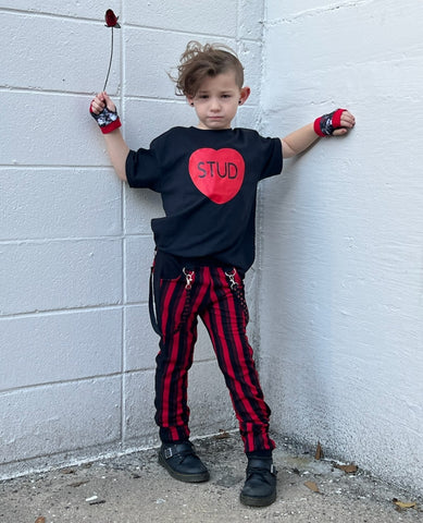 Red Striped Skinny Pants with Straps Unisex Kids Valentine's Boys