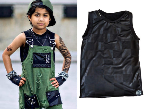 Black Checkerboard Muscle Tank from Mesh and Vegan Leather for kids