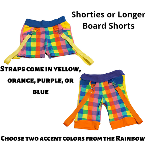 Rainbow Checkerboard Shorts with punky straps for kids unisex styles
