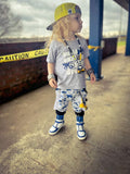 Grey and Blue Harem Joggers with Construction Vehicles for kids boys girls toddlers babies
