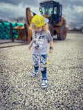 Grey and Blue Harem Joggers with Construction Vehicles for kids boys girls toddlers babies