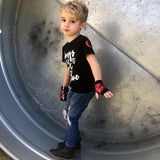 Red Rockstar Fingerless Gloves Vegan Leather Kids Adults
