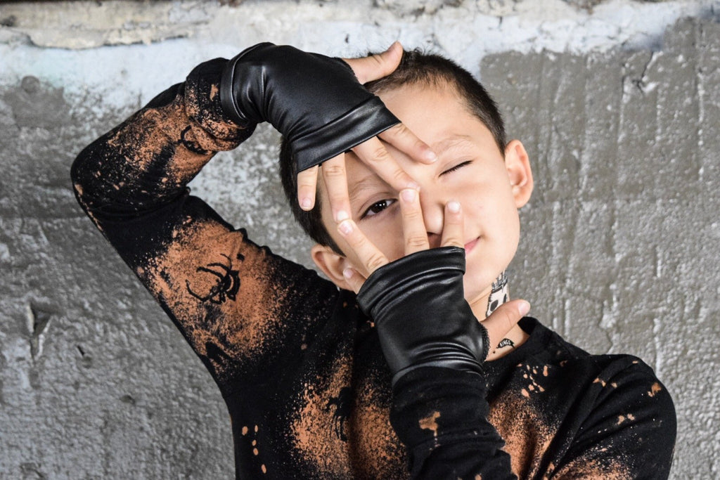 rockstar handschuhe Basic Black Rockstar Fingerless Gloves Vegan Leather for boys and girl – Steampunk-Wolf-Kidz