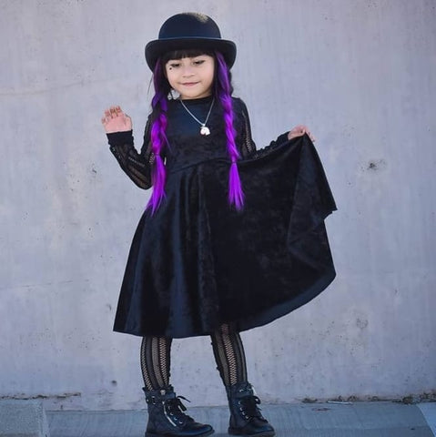 Little Goth Girl Dress~ Black Velvet Skirt Toddler Big Girls