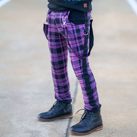 Punk Plaid Skinny Pants for Kids Unisex with Suspender straps Boys Girls