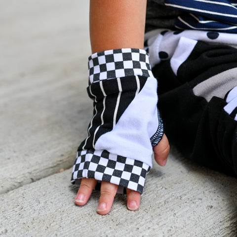 Mix it Up Fingerless Gloves in black and white checkered stripes for kids and adults