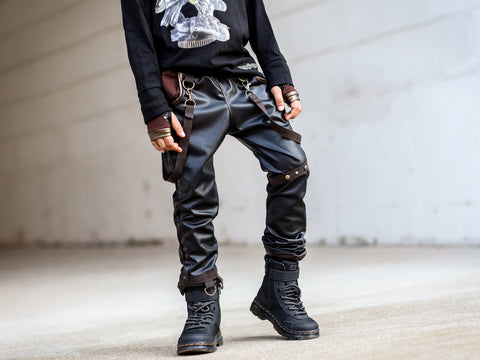Steampunk Strappy Pants Unisex Kids in black and brown vegan leather boys skinny bottoms