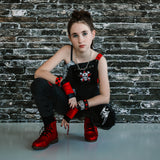 Red Rockstar Fingerless Gloves Vegan Leather Kids Adults