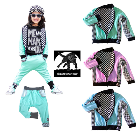 Pastel Jackets for boys and girls, checkerboard pastels unisex vegan fashion