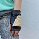 Gold and Black Rockstar Split Vegan Leather Fingerless Gloves for Kids Adults